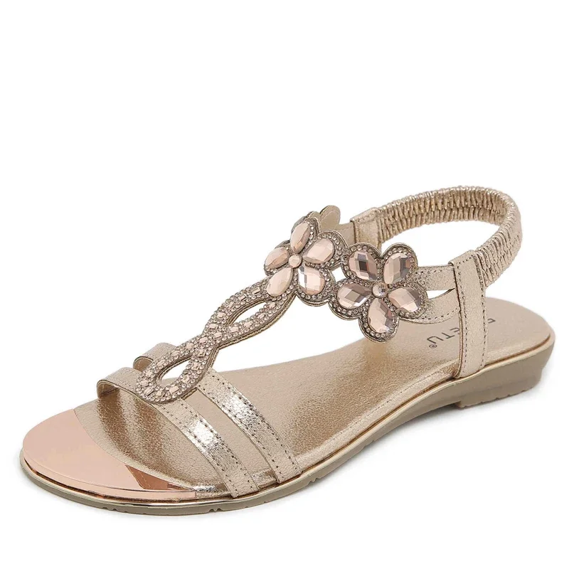 Women Flat Rhinestone Sandals Bohemian Sandals 2024 Summer New Non Slip BeachElastic Low Heels Roman Sandals Sandalias Mujer