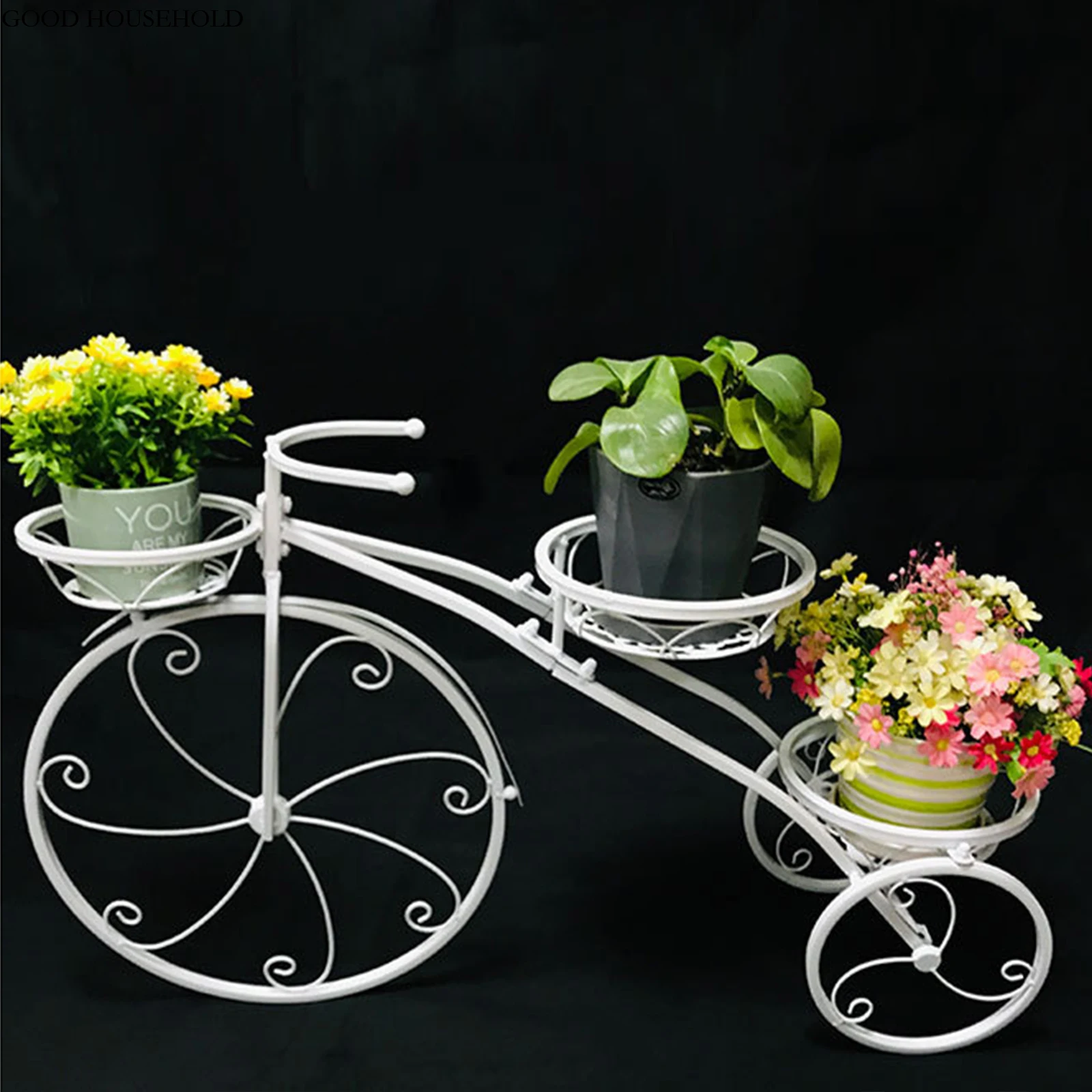 Outdoor Indoor Flower Pot Black/White Bicycle Plant Stand Yard Iron Basket Shelf Home Garden Decor