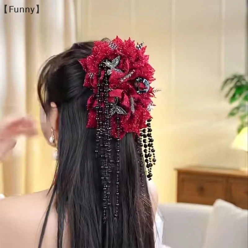 Vintage Tassel Flowers Hair Claw Exquisite Floral Shark Clip Spinki do włosów Kobiety Temperament Nakrycia głowy Akcesoria do włosów Prezenty dla dziewczynek — zdjęcie 6
