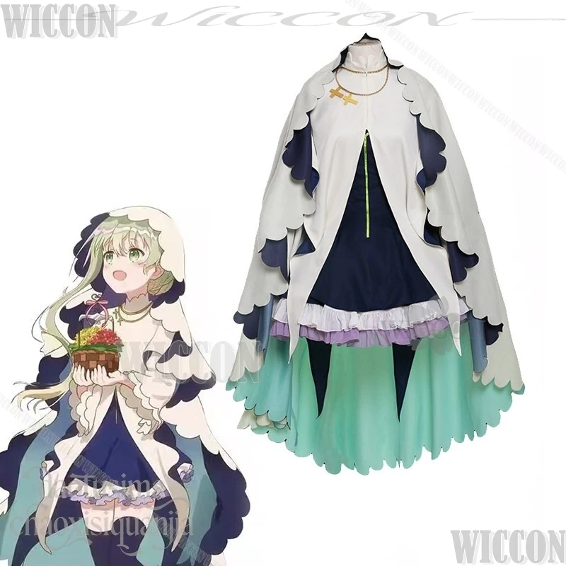 Cecilia Cosplay Anime Saint Cecilia & Pastor Lawrence Costume Fashion Nun Uniform Big Hat Mini Dress Green Long Wigs Halloween