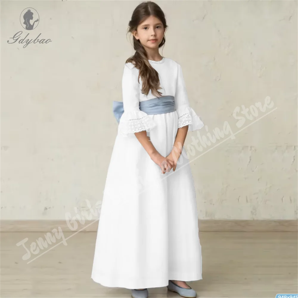 White Elegance Flower Girl Dress With Sky Blue Belt Half Sleeve For Wedding Birthday Party First Communion Gown