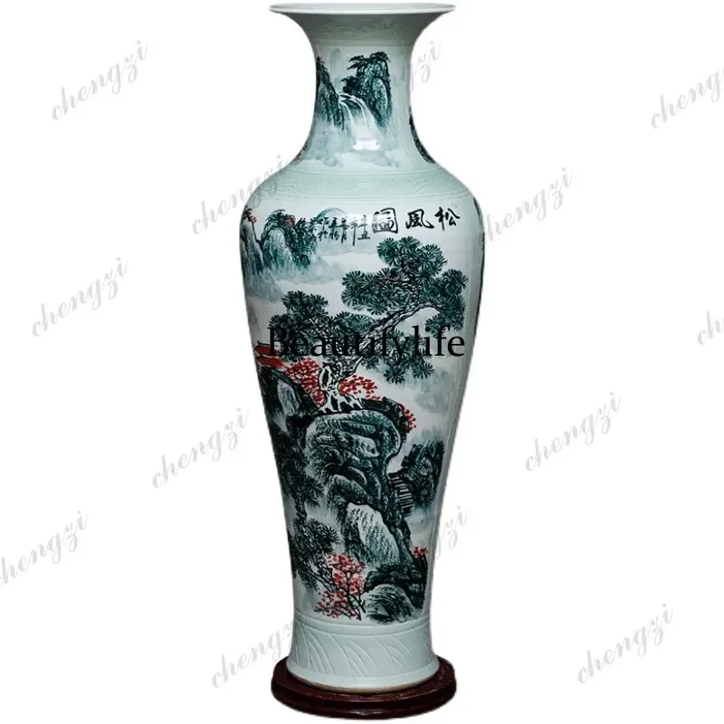 H132 Ceramic hand-painted pastel floor-to-ceiling large vase, living room TV cabinet, Chinese decorative high ornament
