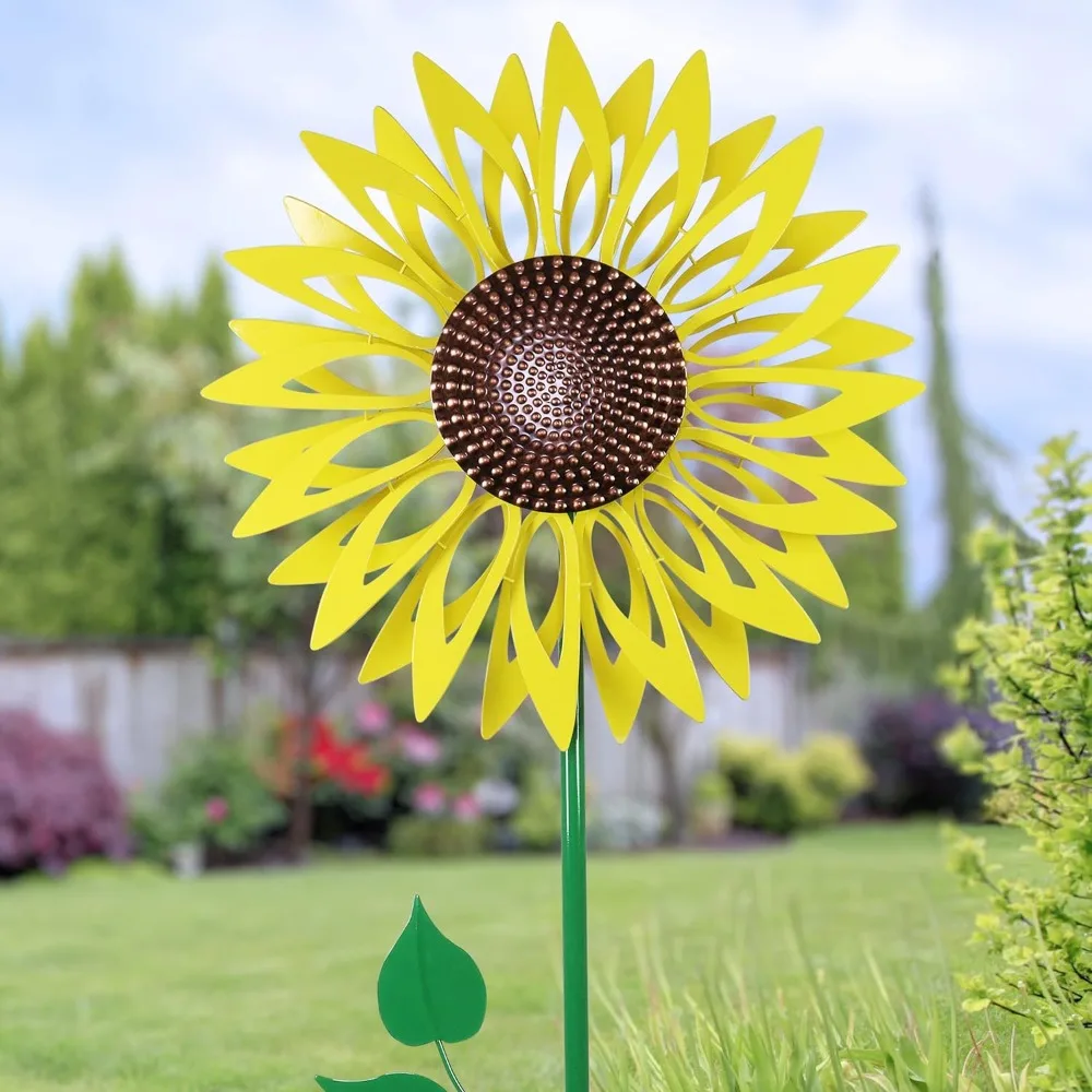 Garden Wind Spinner, Giant Yellow Sunflower Stake, Dual Wind Powered Metal Outdoor Decor and Yard Art, Garden Wind Spinner