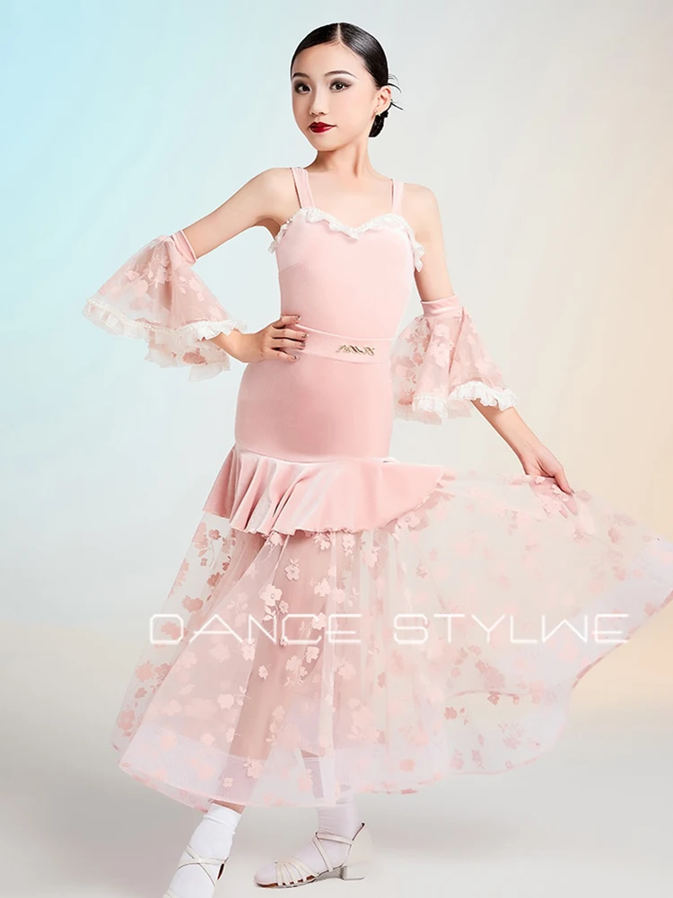 Vestido de dança de salão preto, roupas de dança modernas padrão para meninas, sem mangas, conjunto de saia, roupas de competição de valsa 2648