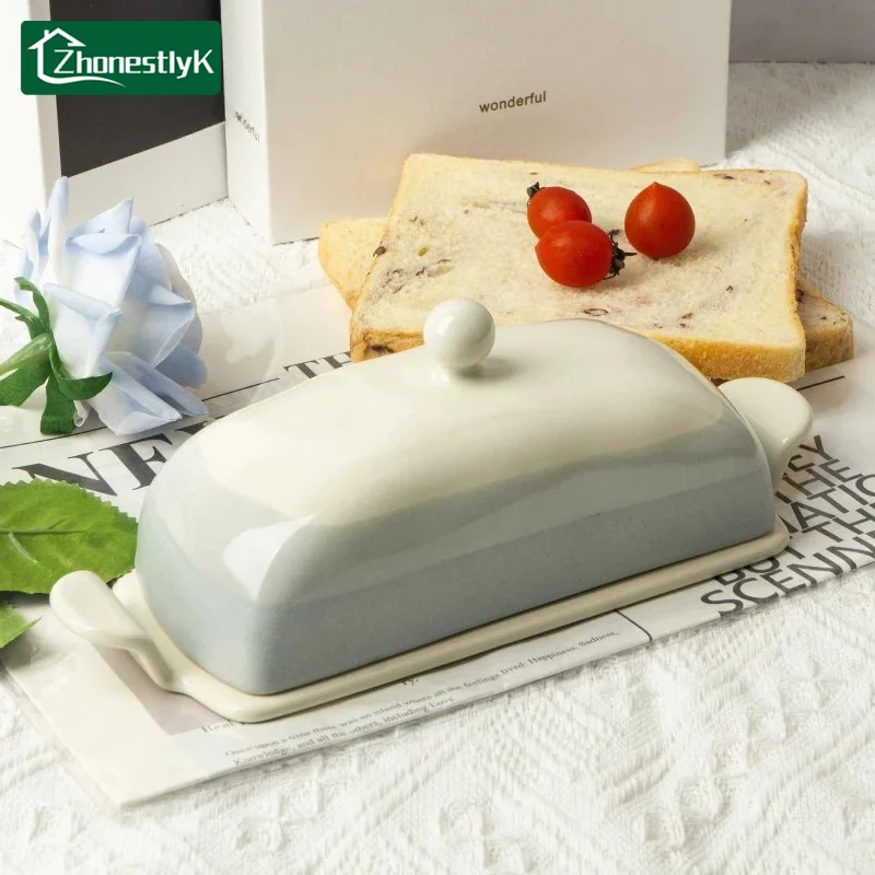 Gradient Ceramic Butter Container Box Restaurant Sealed Storage Dishes Cheese Dish French Butter Tableware