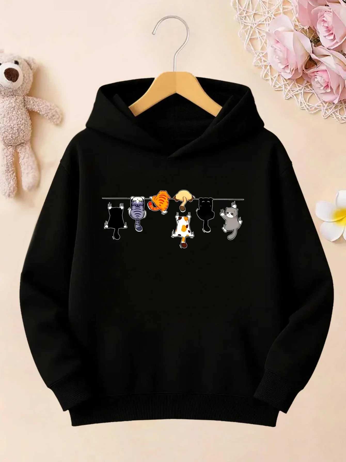 American Cute Kids Fleece Hoodie Autumn Winter Cartoon Hanging Kittens Print Boys Girls Warm Hooded Pullover Sweatshirt