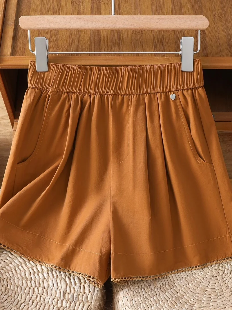 Artistic Pure Cotton Casual Pants For Women Summer 2025 Solid Color Loose Elastic Waist Wide Legs Versatile Shorts w054