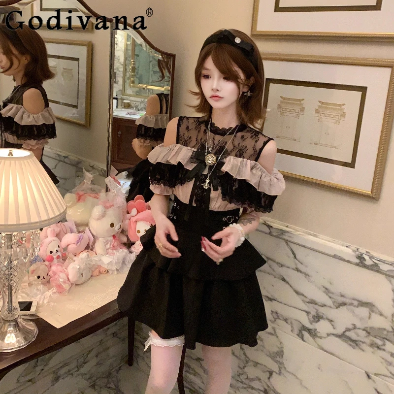 

Mine Mass-Produced Black and Pink Off-Shoulder Mini Dress Summer New Girl's High-Waisted Slim Sweet Bow Elegant Dress Vestidos