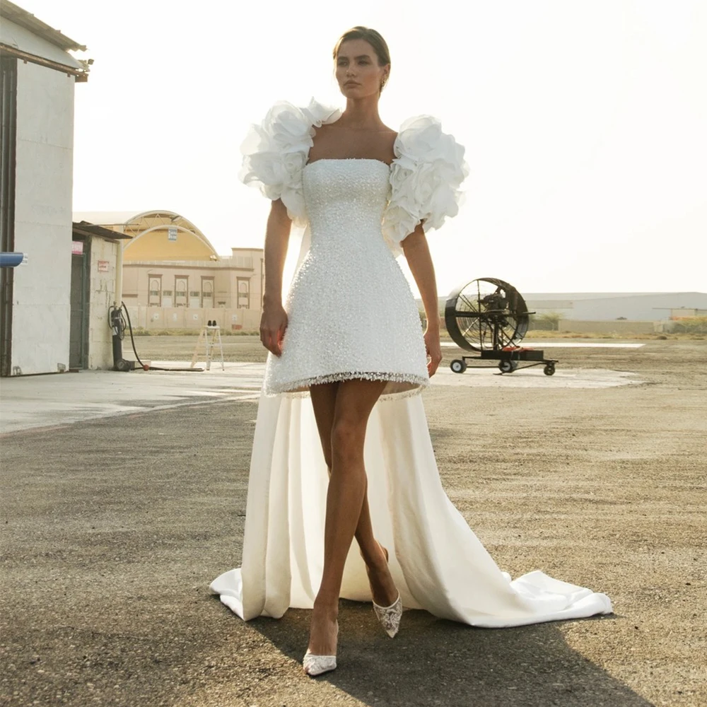 

Fashion Wedding Dress Strapless Short Sequin A-Line Bride Customized Marriage Gown with Flower Jacket and Sweep Train New