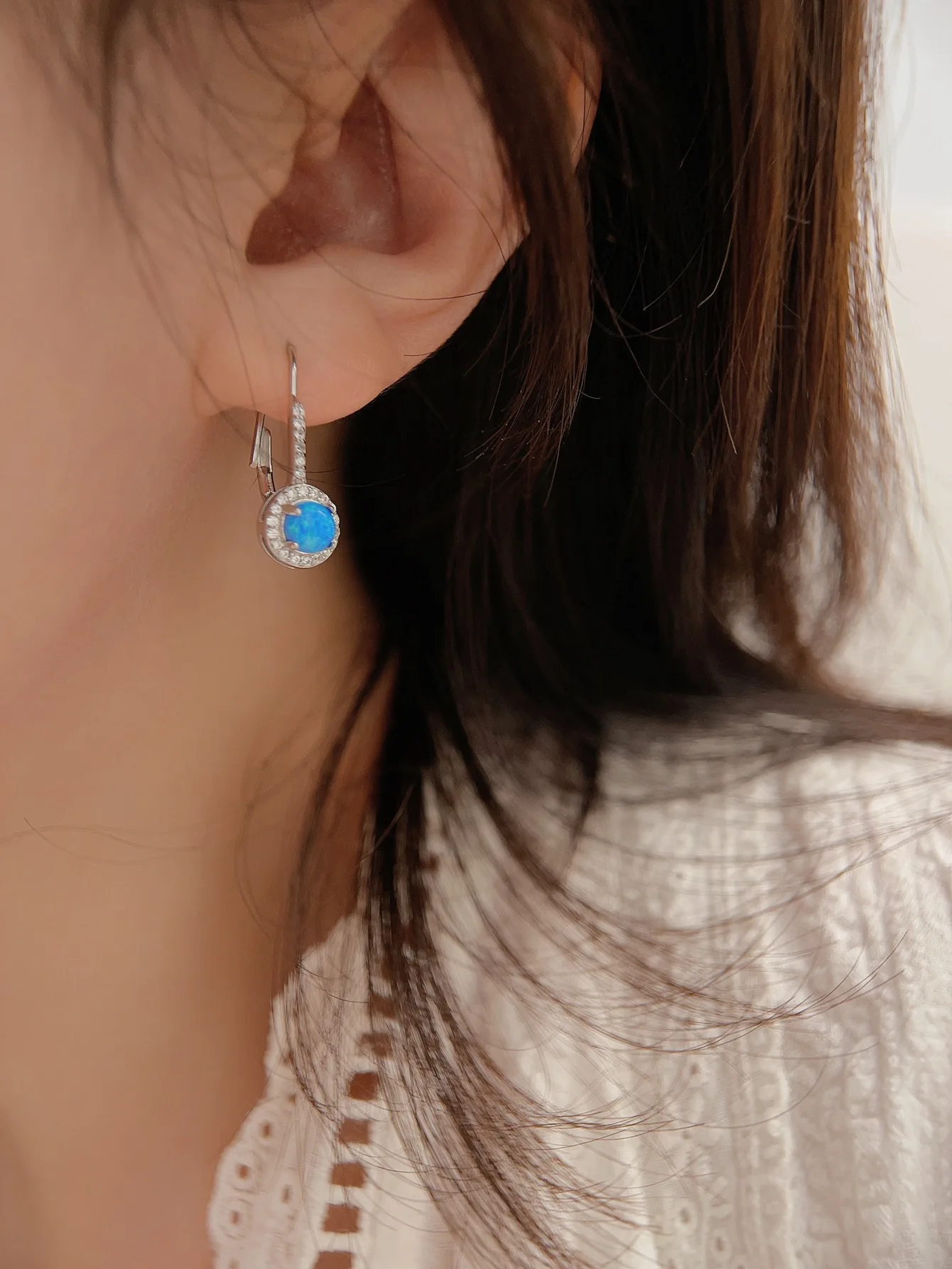 Retro Sterling 925 Silver and Blue Opal Earrings with Shining Zircon, Exquisite Elegant Style for Attending Engagement or Party