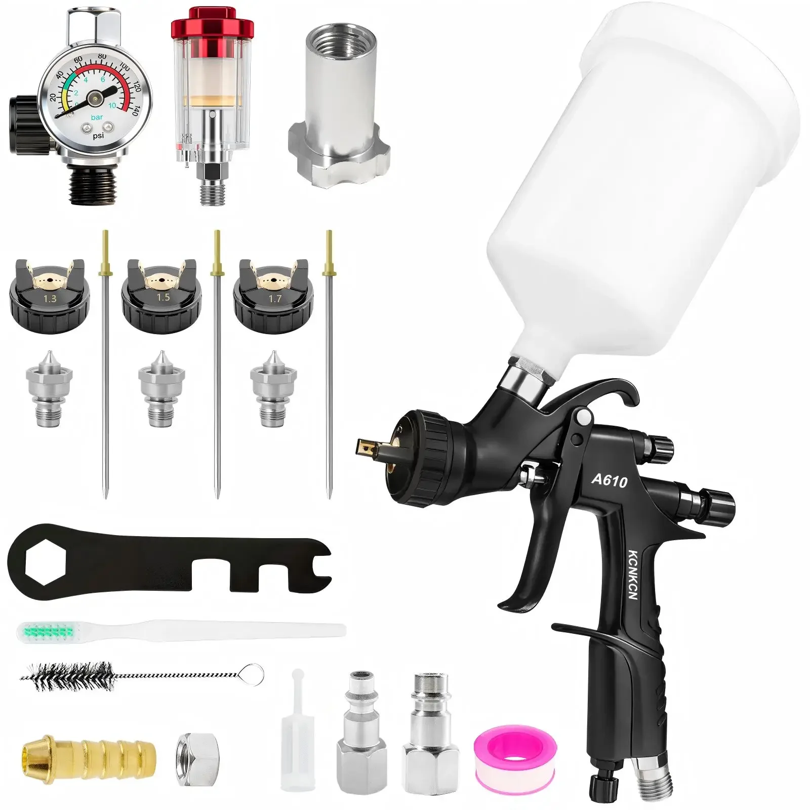 

A610 LVLP Air Spray Gun 1.3/1.5/1.7mm with Air Regulator Gauge & 600ml Cup, Paint Sprayer for Car, House, Furniture