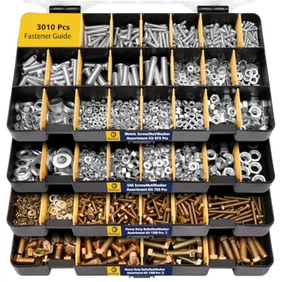 

3010pcs Hardware Assortment Kit with Assorted SAE and Metric Phillips Head Bolts, and Grade 8.8 Metric Hex Bolt Set with Matchi
