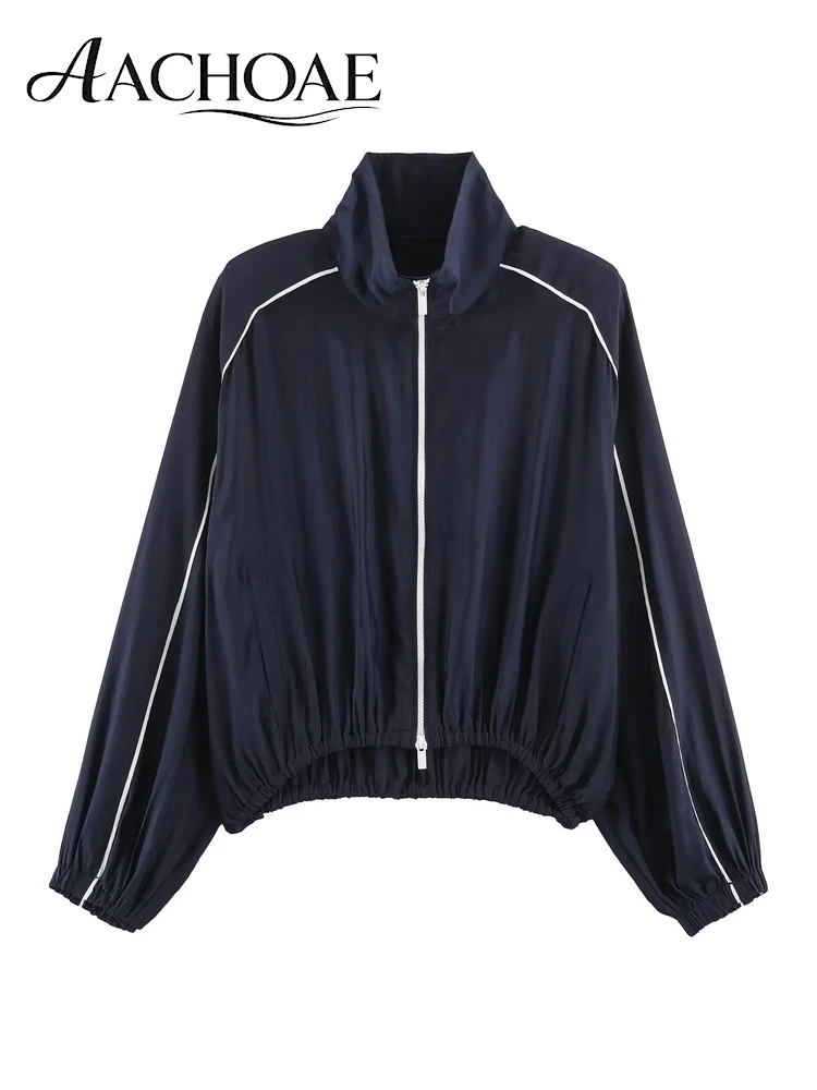AACHOAE Women Lightweight Track Jacket Stand Collar Zip Up Windbreaker Contrast Piping Loose Sports Casual Bomber Coat Outerwear