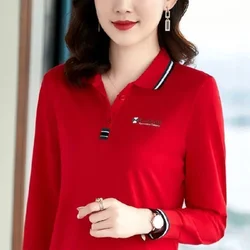 Autumn and Winter New Temperament Versatile Women's Clothing Printed Button POLO Collar Long Sleeve Solid Color Pullover Shirt