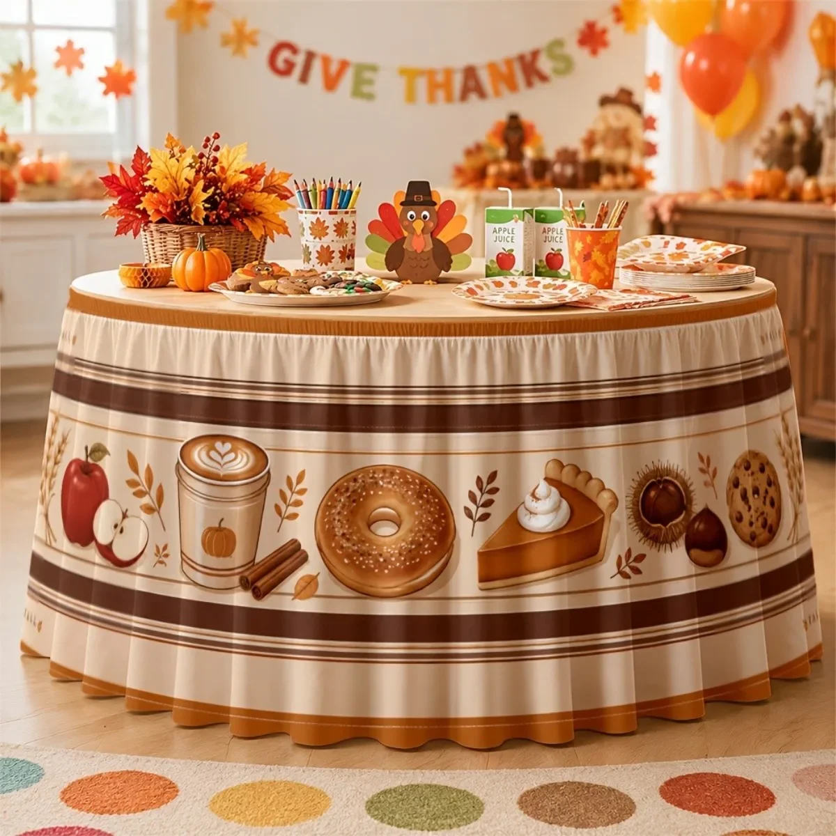 1PC Party Table Skirt, Thanksgiving Delicacies, Autumn Harvest Style Tablecloth, Printed with Apples and Pumpkin Pie
