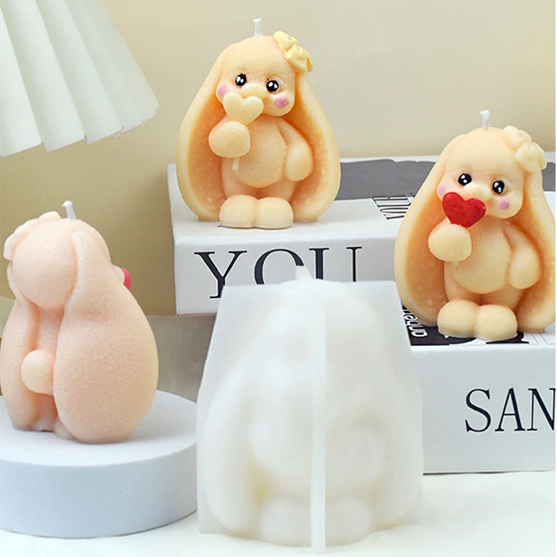 3D Long-eared Rabbit Silicone Molds DIY Rabbit Candle Plaster Soap Resin Crafts Mold Chocolate Cake Baking Tools Home Gift