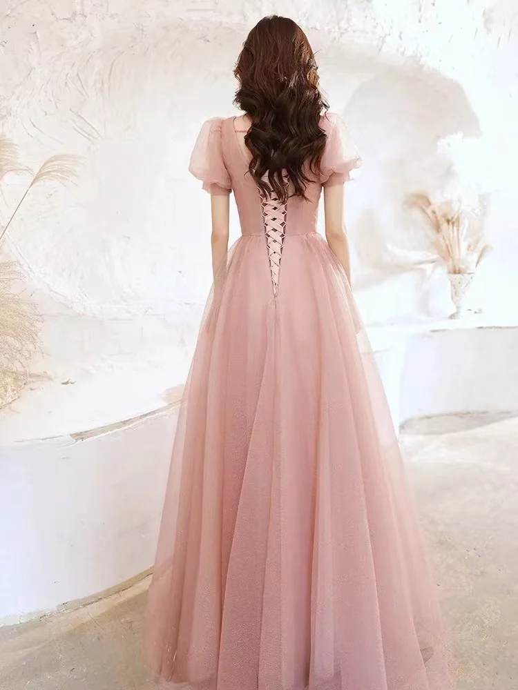 Abiti da sera lunghi rosa Maniche a sbuffo di lusso Colletto quadrato A-Line Lunghezza pavimento Elegante banchetto Abiti da ballo formali per celebrità