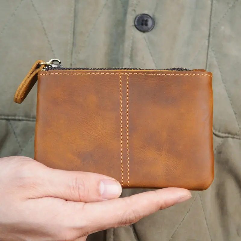 Retro Top layer Cowhide Genuine Leather Mens Thin Purse Small Wallet Slim Zipper Key Coin Holders loose Change Pocket Pouches