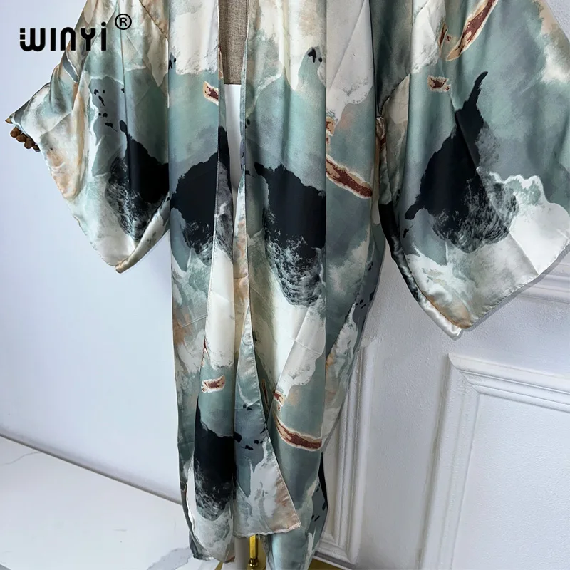 Winyi Kimono Sommer abstrakte Druck Strickjacke weibliche Bluse Abaya vertuschen Strand Frauen Boho Maxi Kleid Party Kaftan