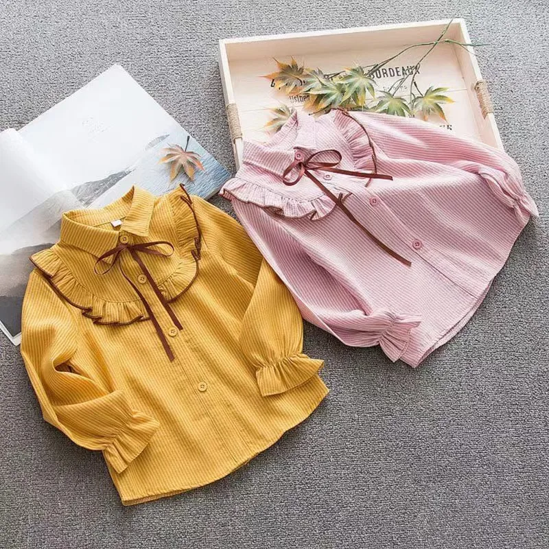 Girls Shirt with Velvet New Korean Striped Lapel Shirt with Ruffle Edge Mid To Small Childrens Spring and Autumn Cardigan Top