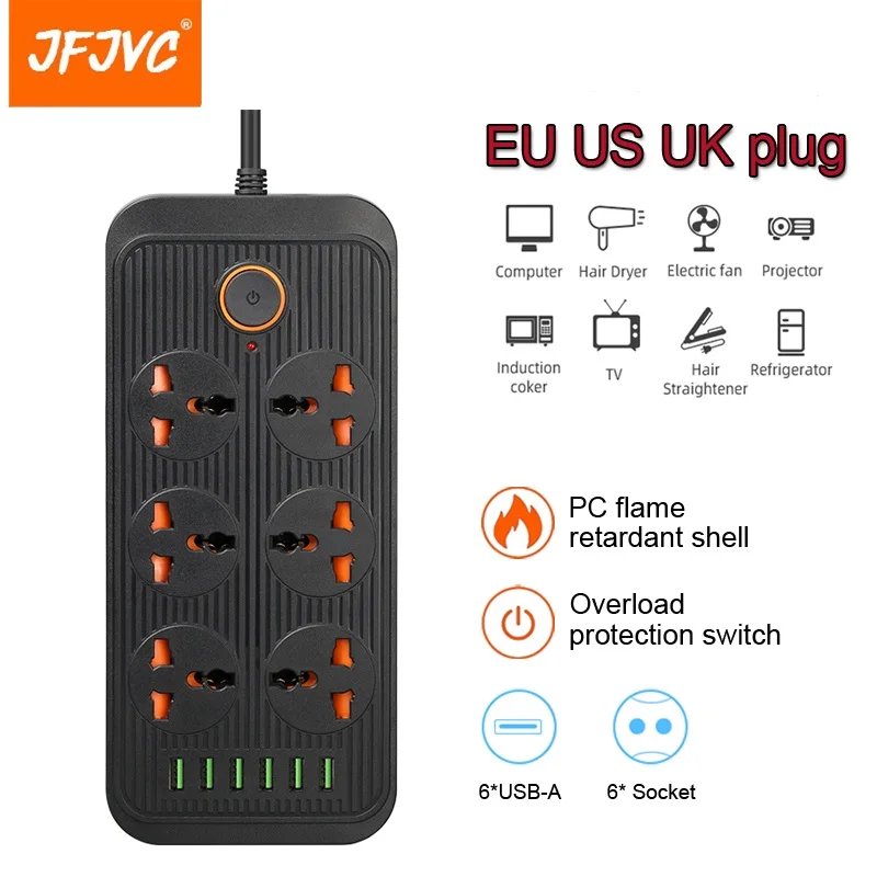

JFJVC EU UK US Plug 6 AC Outlets Socket 6 USB Fast Charging Port 3.1A 2m Extension Cord Adapter Power Strip Multi Network Filter