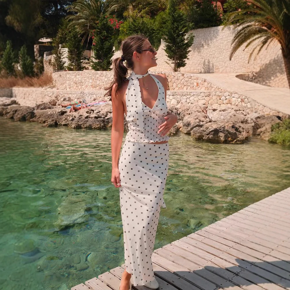 

Vintage Polka Dot Dress Sets Fashion V Neck Lace-up Top Printed Slim Skirt Set Casual Women Summer Vacation Dress Sets