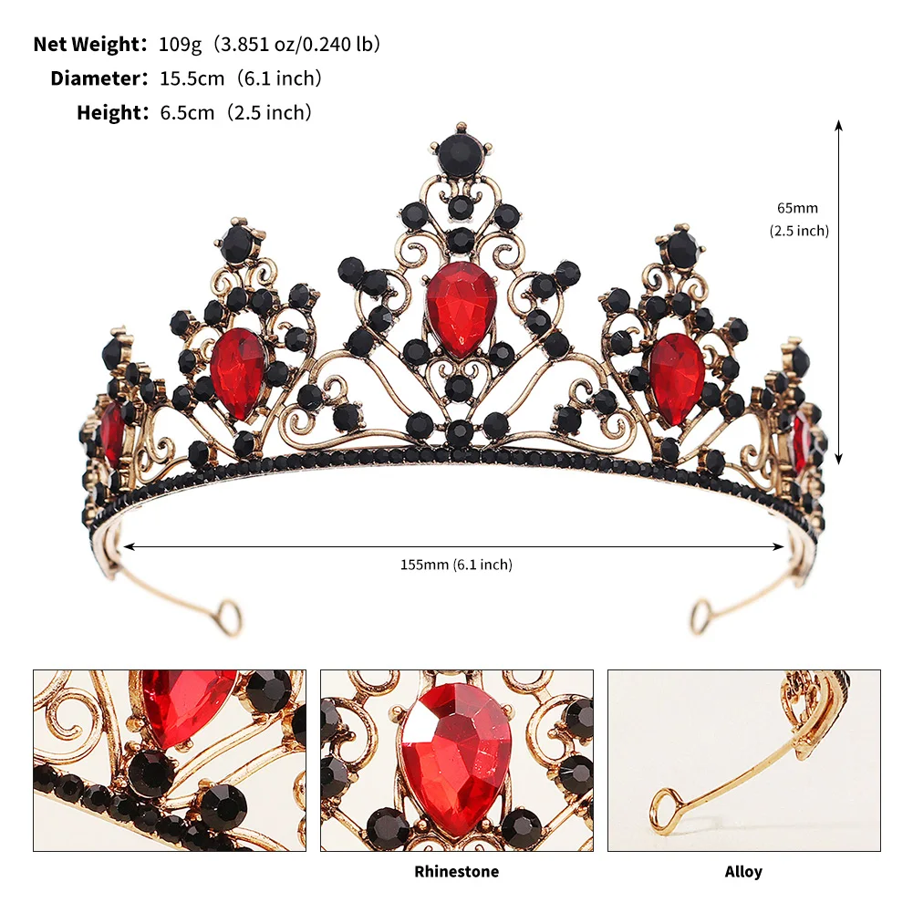 Halloween Vintage Prinzessin Königin Dunkle Krone Kopfbedeckung Kristall Tiara Für Frauen Rote Krone Haar Kleid Zubehör Schmuck – Detail 8