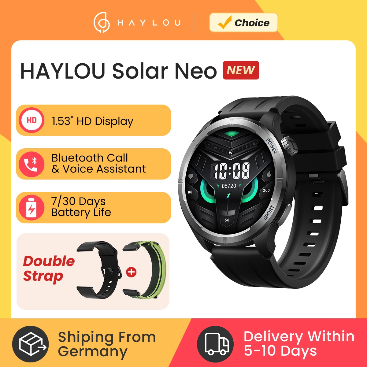 HAYLOU Solar Neo Smartwatchs Ultra-large 1.53'' HD Display 24H Health Monitoring Bluetooth Calling Smart Watch with Dual Straps