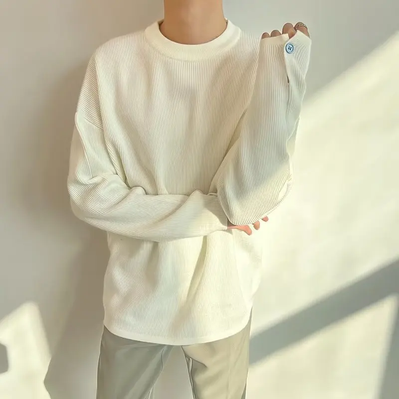 Suéter de Punto para Hombre de Estilo Informal, Color Blanco, Sensación de Alta Gama, Cuello Redondo, Manga Larga, Abotonado,...