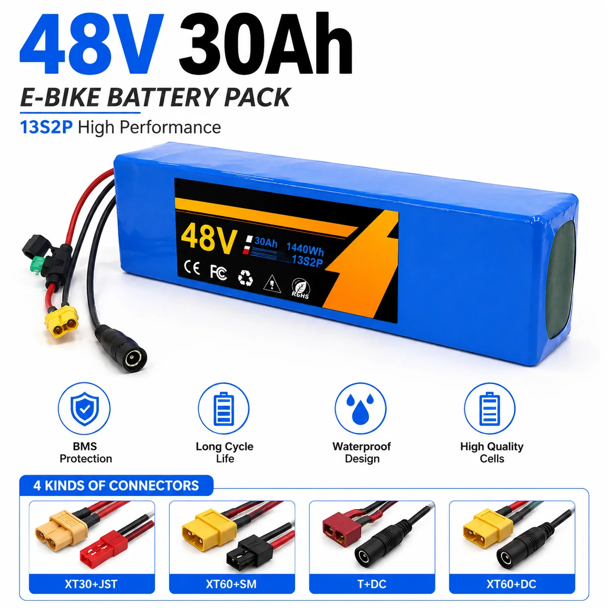 Li-Ionen-Akku 48V 30Ah 13S2P-Konfiguration für Elektrofahrrad E-Scooter E-Moped DIY-Umbausatz mit intelligentem Batteriemanagementsystem BMS
