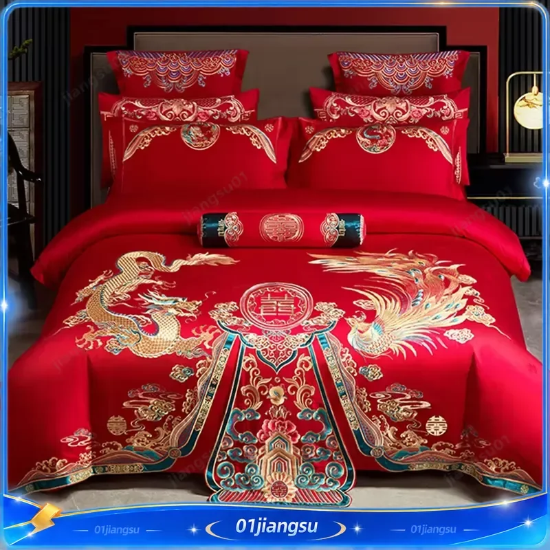 100 140CT Long Staple Cotton Duvet Cover Set 4pcs Chinese Style Wedding Bedding Festive Red Home Decor Love Gift High Thread