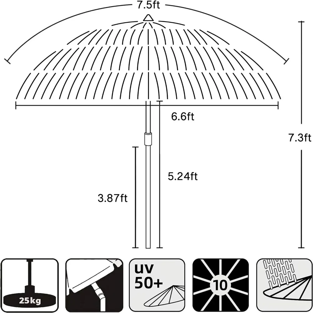 7.5ft Hula Thatched Tiki Patio Beach Umbrella Hawaiian Style 10 Ribs UPF 50+ with Tilt Carry Bag for Outdoor Tiki Bar