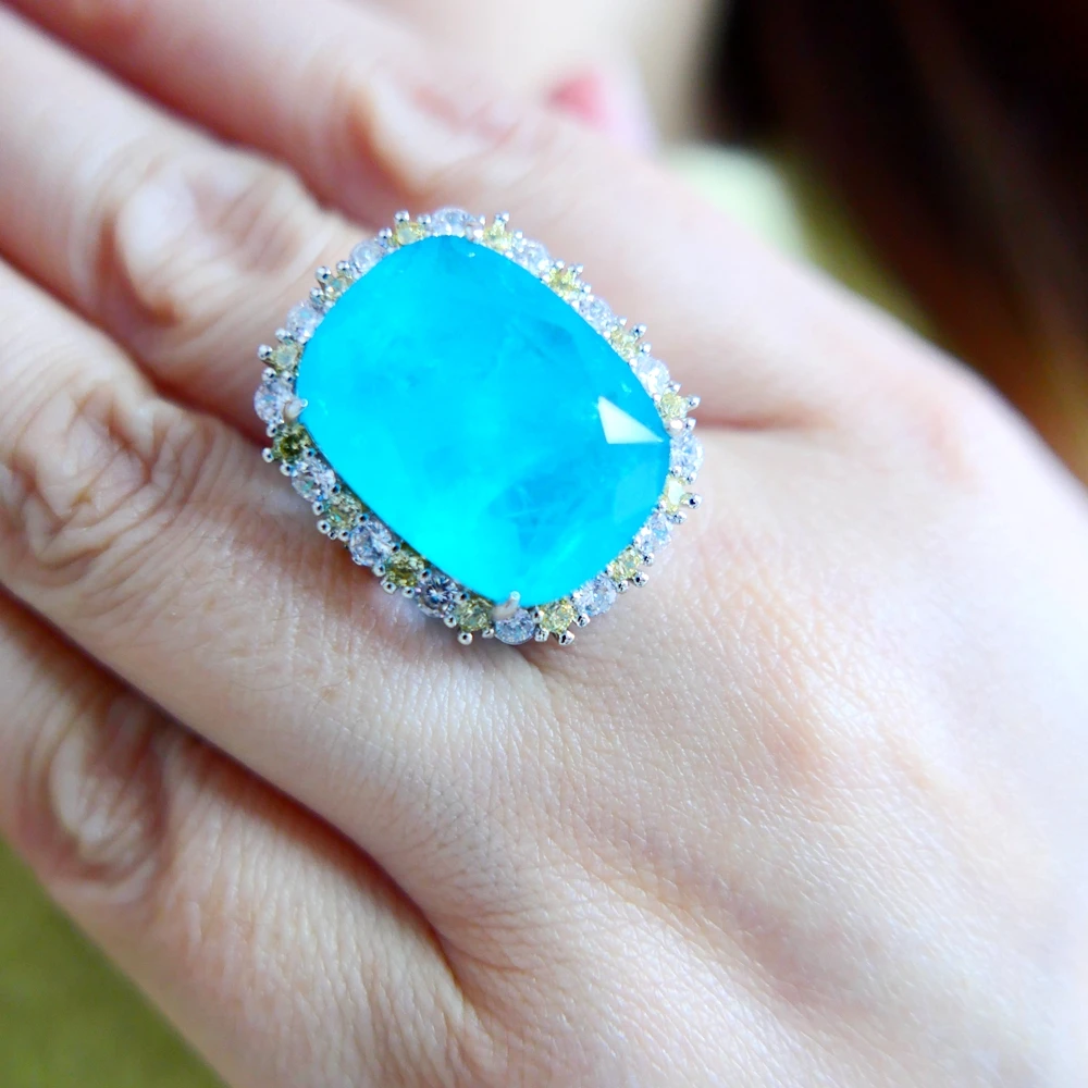 KQDANCE Women's Create Cushion Cut Gemstone Green Emerald Sapphire Paraiba Tourmaline Ring with Large Green/Blue Stone Jewelry view 2