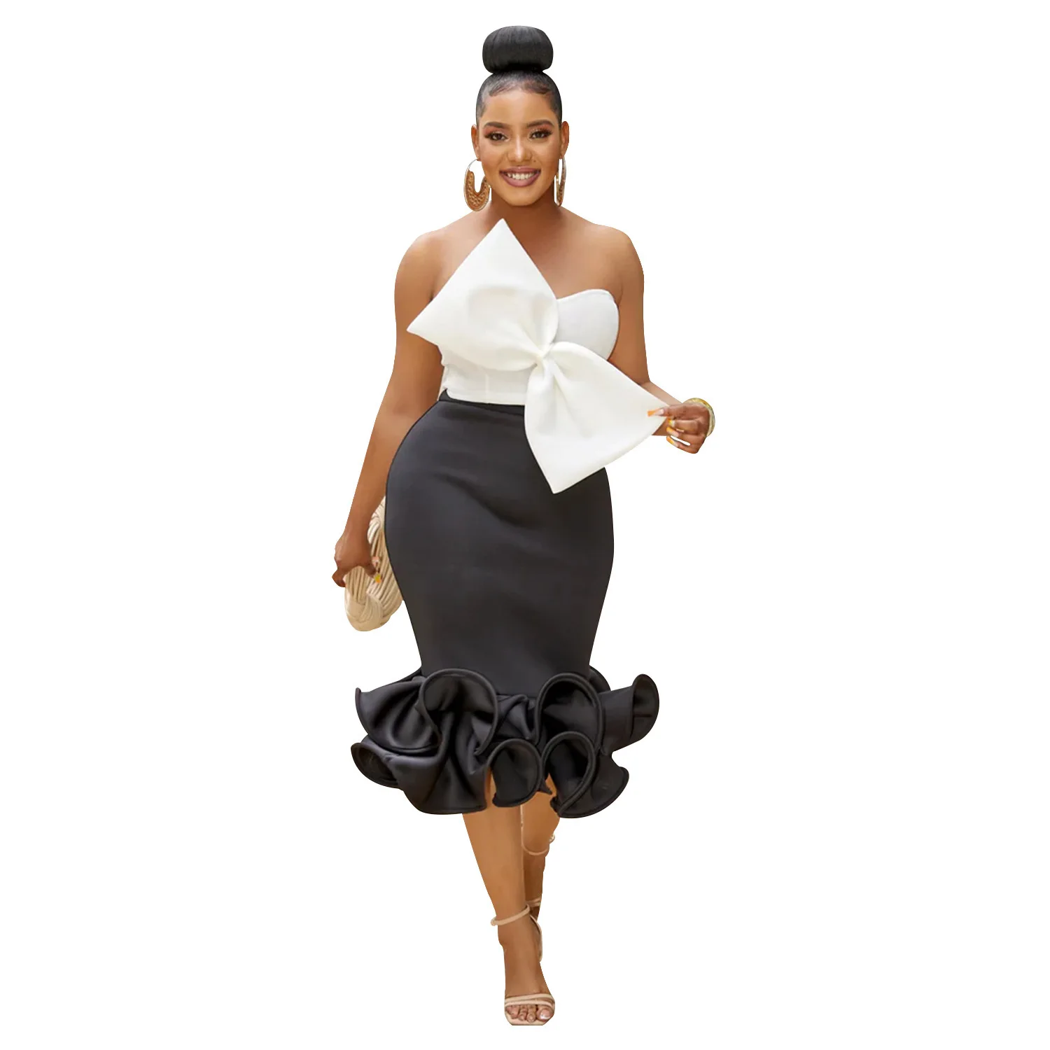 

C6397 Fashion Women's Sleeveless Bra Bow Wrap Hip Skirt Two Piece Set