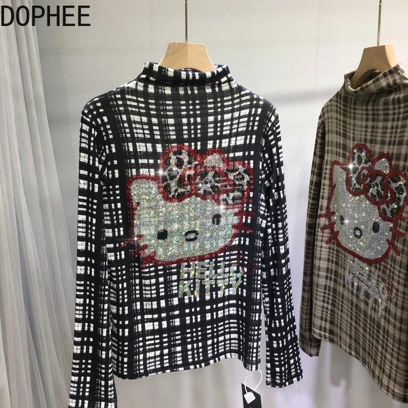 

Trendy Cartoon Hot Drilling Long Sleeve Women T-shirt Colorblock Plaid High Collar Pullover Top Elegant Autumn Winter Basic Tees