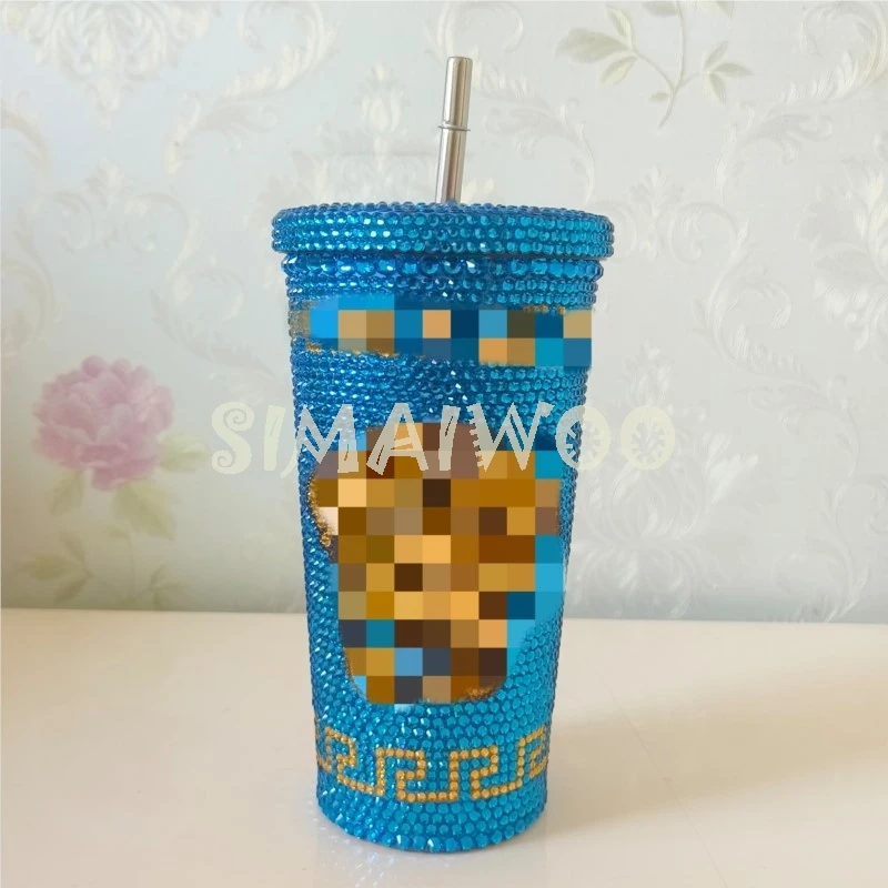 Luxury Glass Rhinestone Blue Straw Cup Blinged Thermal Insulation Water Bolltle Stainless Steel 500ml Coffee Mug Christmas Gift