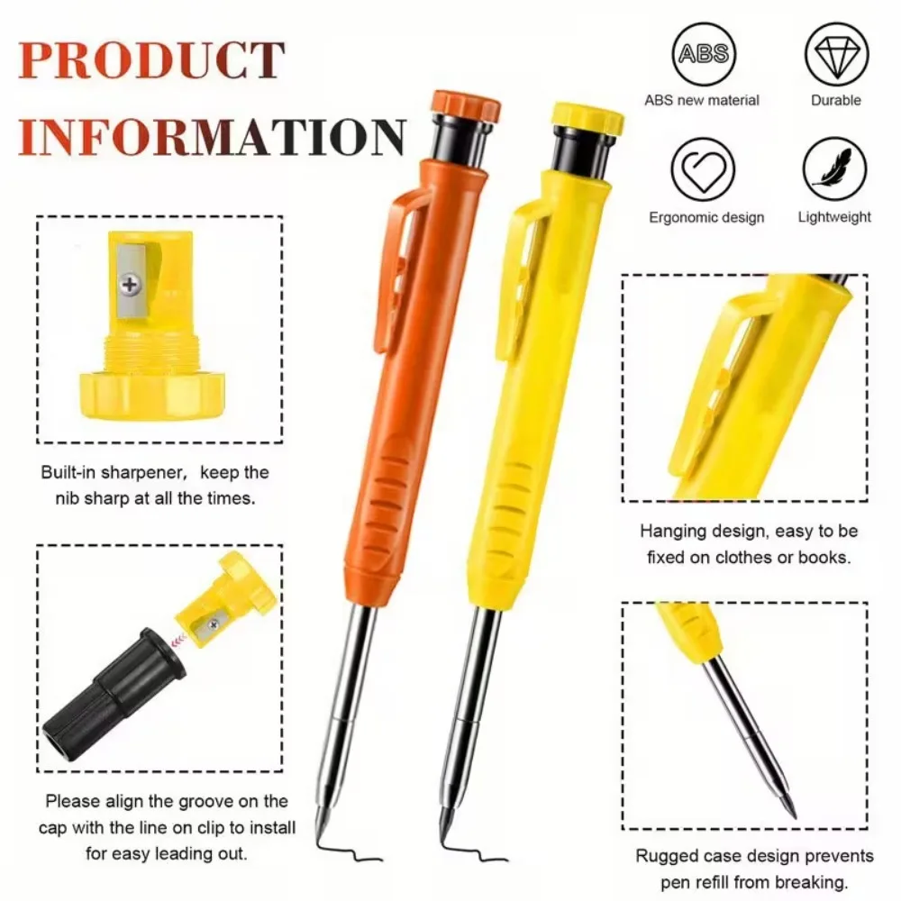 4pcs set of 2 8mm carpenter pencils set with 2 boxes of refills with a pencil sharpener and cap mechanical carpenter automatic pencils suitable for carpenter to draw deep hole fine writing tools Product details 2