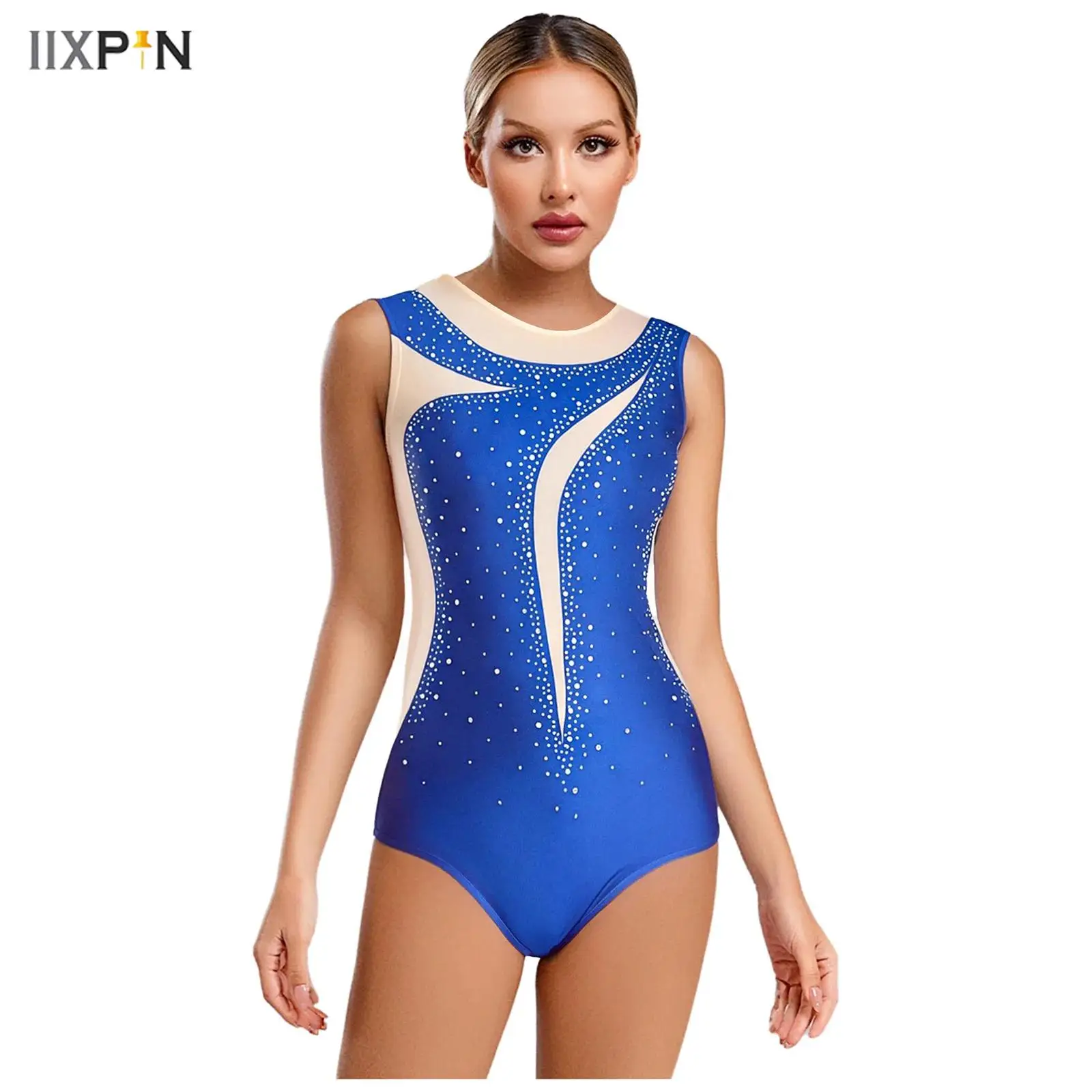 

Womens Gymnastics Leotard Sleeveless Back Hollow Out Mesh Patchwork Bodysuit One-piece Jumpsuit for Ballet Dance Figure Skating