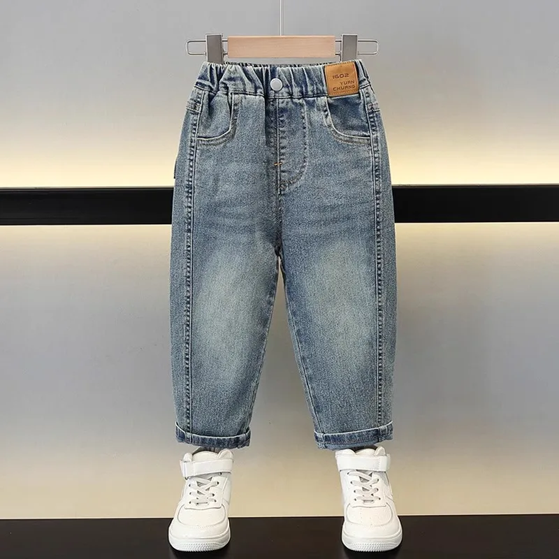 

Стильные модные детские джинсы для мальчиков: весенне-осенние, с высокой талией, прямые, из хлопкового денима, молодежные, прочные, с эффектом потертости