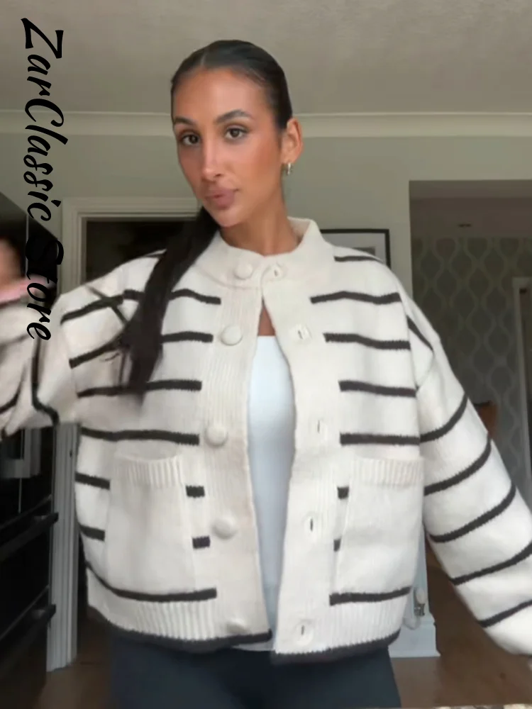 Elegant Stripe Women's Sweater Casual Round Neck Full Sleeve Pocket Knitted Cropped Cardigan New Autumn Winter Knitwear 2026