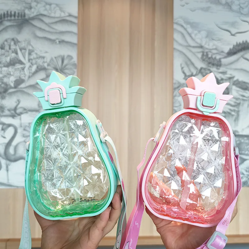 High Aesthetic Creative Cute Pineapple Straw Plastic Water Cup Portable Shoulder Strap Children's Outdoor Sports Water Bottle
