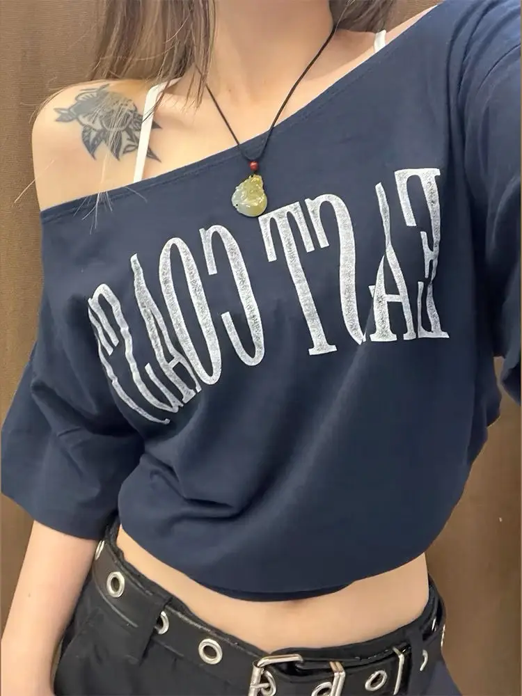 Y2k Vintage Summer Off shoulder Oversize T Shirt Women Short sleeve Korean Chic Crop Top Youth  Elegant Blouse Female Clothing