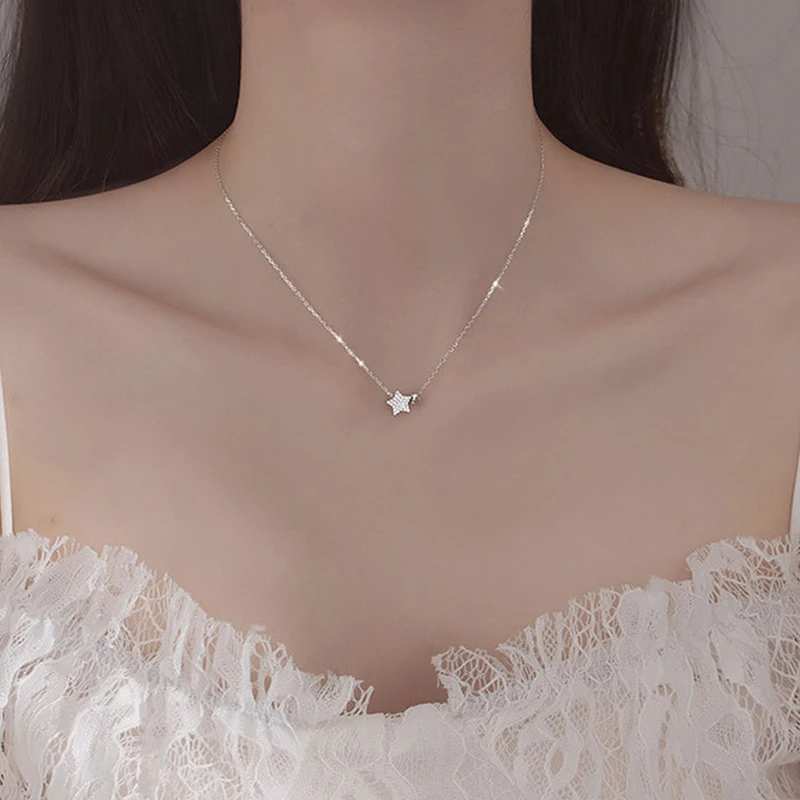 925 Sterling Silver Star Zircon Necklace Heart Pendant Sparkling Diamond Collarbone Chain Fashionable Temperament Jewelry