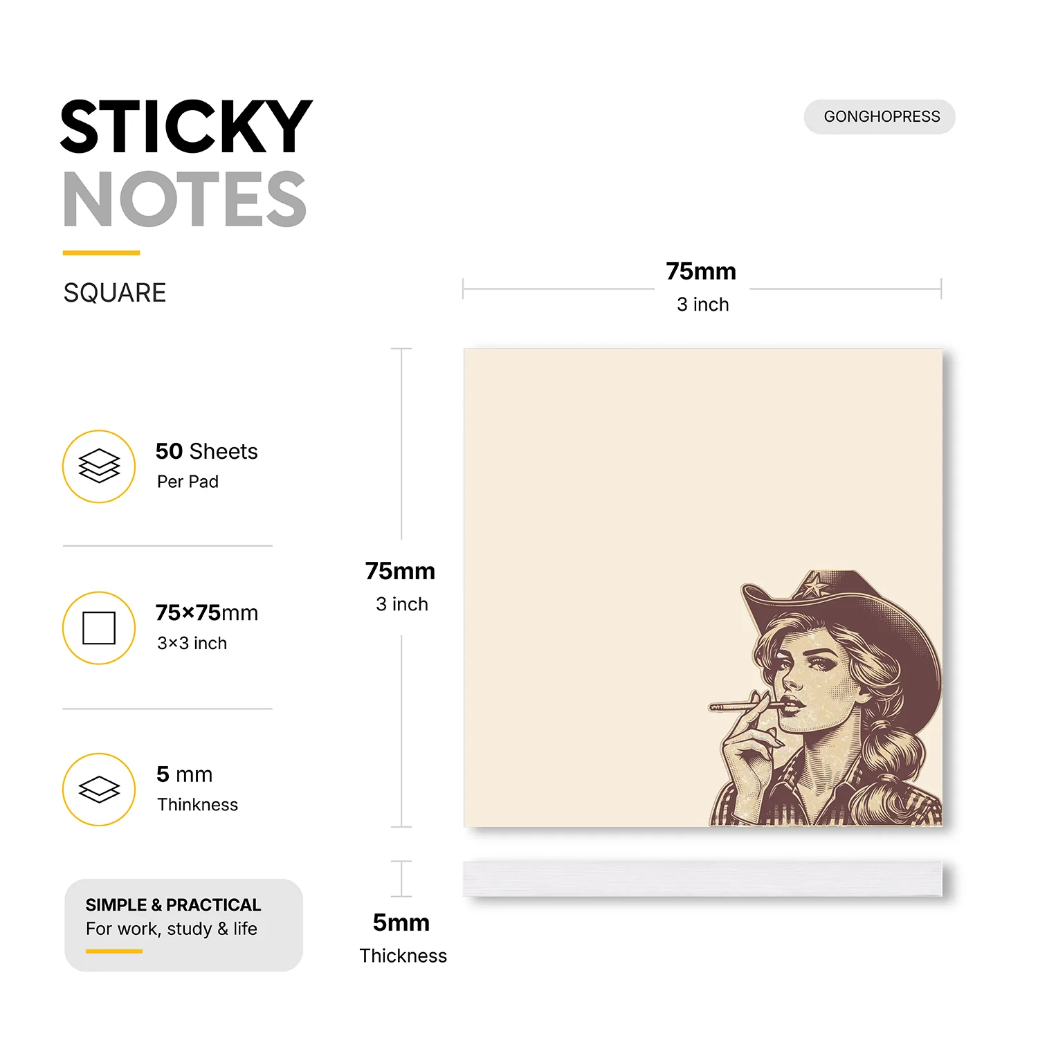 2 pcs Vintage Cowgirl Sticky Notes, 100 Sheets Total, Square Self Stick Notes, Decorative Memo Pads, Removable Adhesive Note Pad