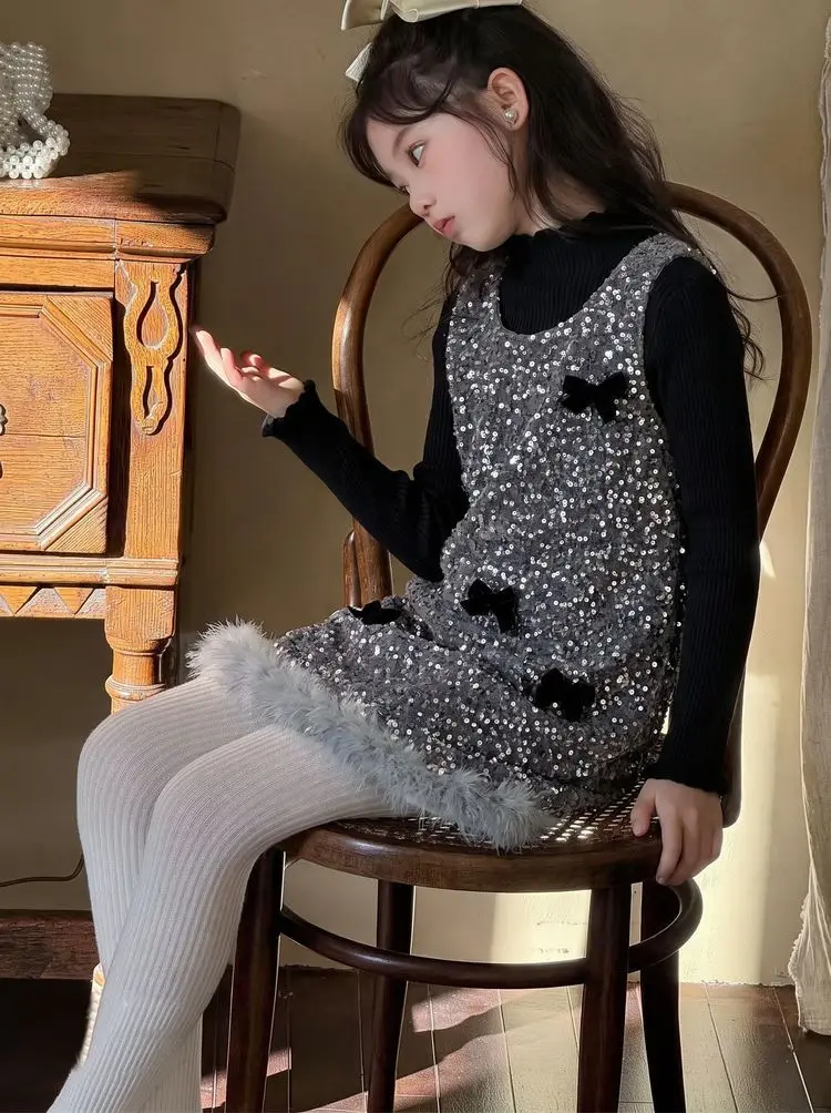 Girls Dress Children Clothing 2026 Spring New Girls Dress Children High-end Sequin Feather Vest Princess Dress