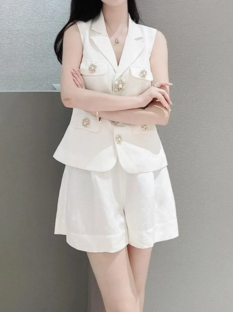 

Summer 2024 Women Rhinestone Buttons Notched Sleeveless Jacket and High Waist Shorts