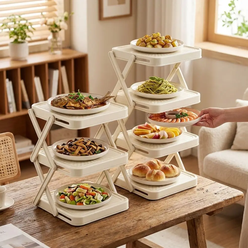 3/4-Tier Prepare Dish Storage Rack Large Capacity Collapsible Folding Prep Tray Plastic Space-Saving Kitchen Organizer