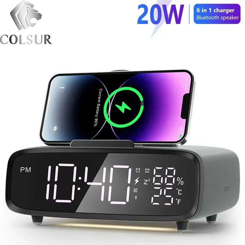 Bluetooth Speaker  Wireless Charging Dual Alarm Clock  Bedroom Temperature Display 3-level Brightness Digital Clock  Night Light