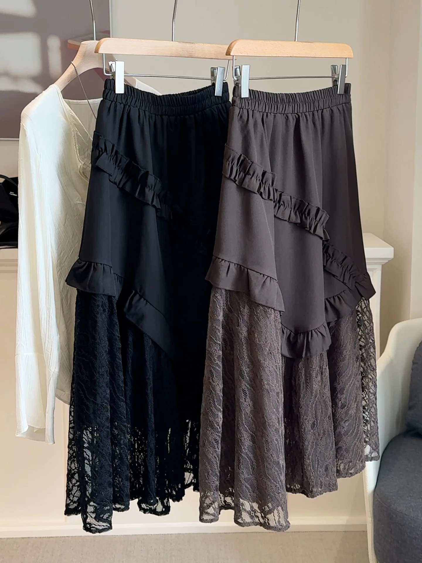 

Элегантные кружевные лоскутные юбки для женщин, универсальные однотонные юбки средней длины, весенне-осенние модные юбки трапециевидной формы с высокой талией