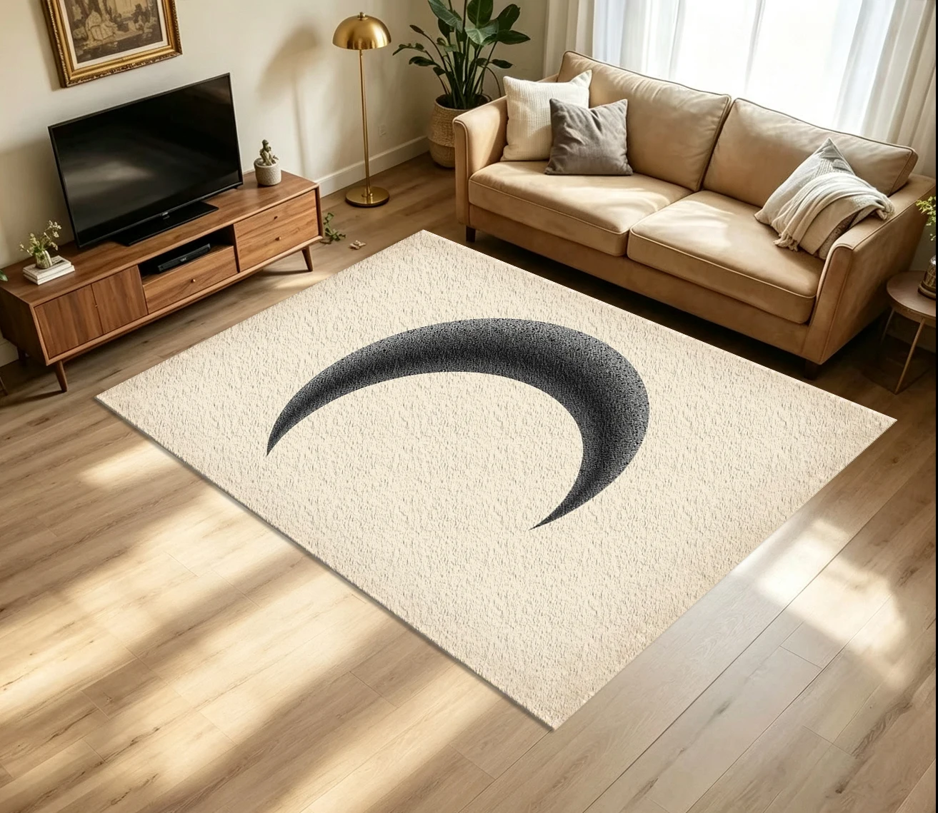 Minimalist Grainy Black Crescent Moon Carpet Flooring Simple Abstract Curved Element Linen Background Printed Floor Rug for Household Home Decoration